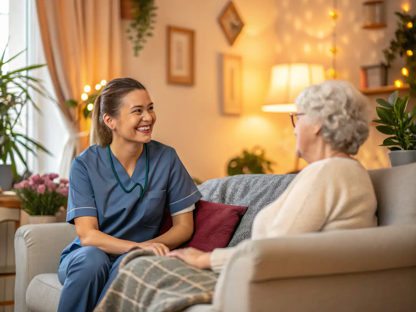 A warm, inviting living room scene in Memory Meadows, featuring comfortable seating, soft lighting, and a caregiver engaging in a conversation with a resident. The setting should convey a sense of home and personalized attention.