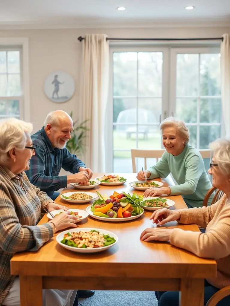 A caregiver attentively serving a nutritious and delicious meal to a resident at Memory Meadows, showcasing the personalized dietary care.