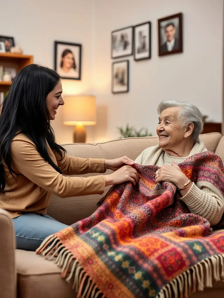 A serene image of a resident relaxing in a comfortable chair, with a caregiver nearby offering a comforting presence in the Memory Meadows home.