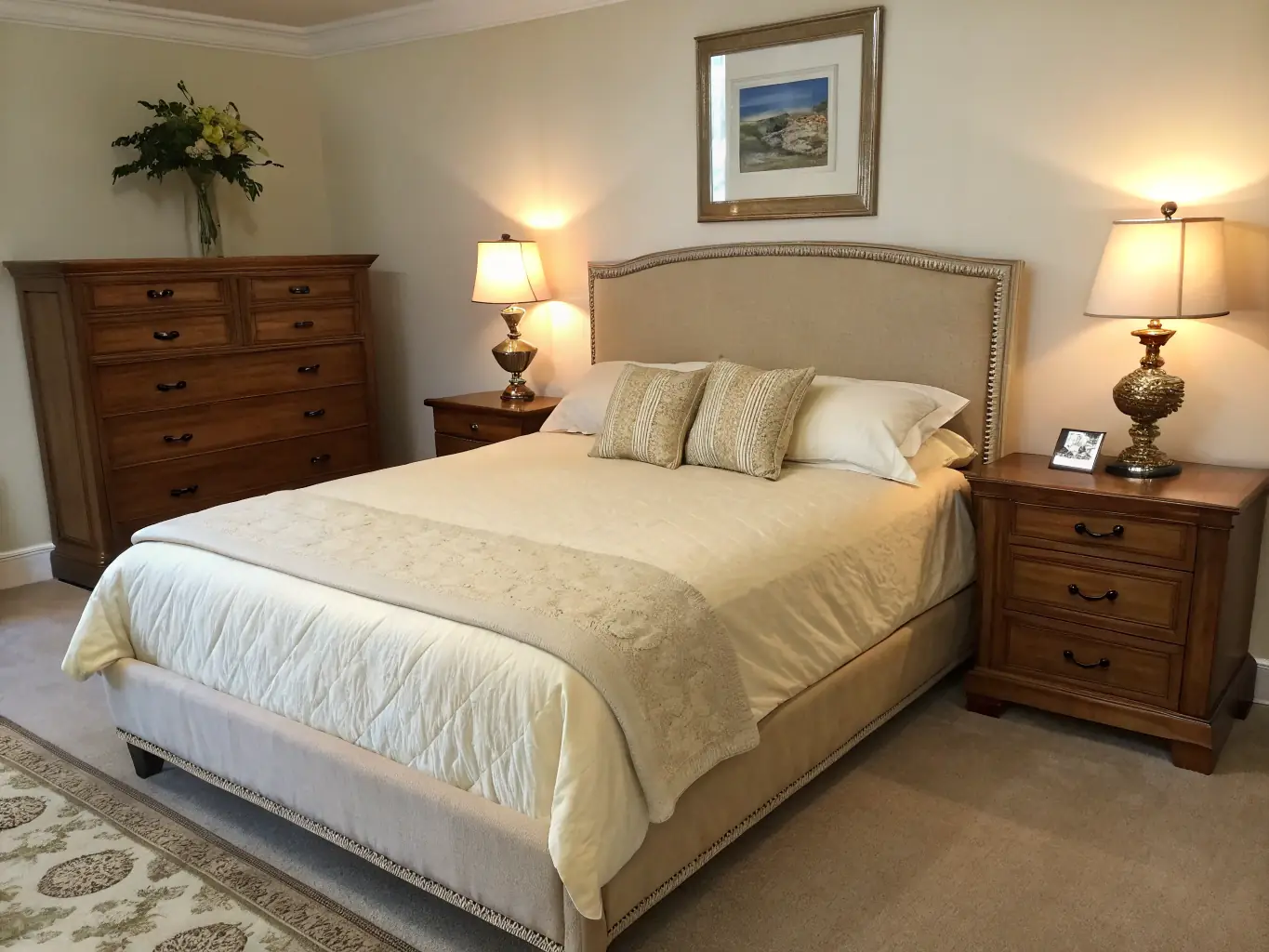 A serene bedroom in Memory Meadows, decorated with personal touches and familiar items. The image should convey a sense of comfort, security, and privacy.