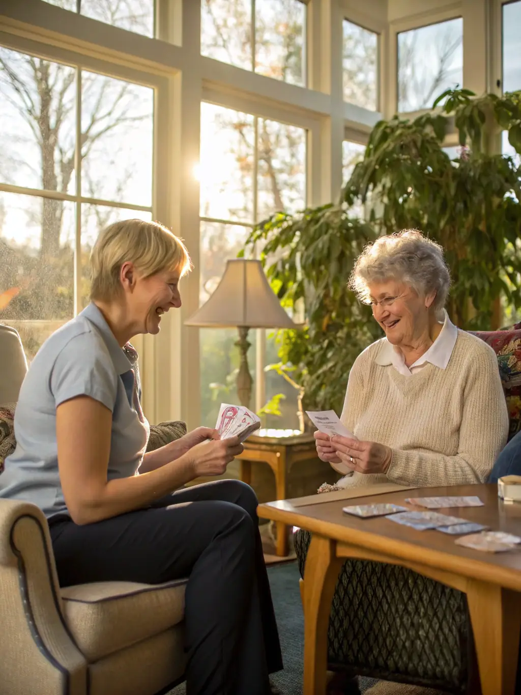 A close-up shot of a caregiver gently assisting a resident with a memory game, both smiling warmly in a sunlit room at Memory Meadows.