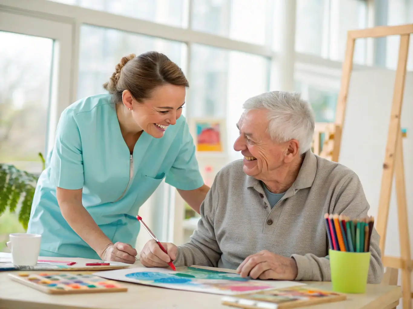 A close-up shot of a caregiver at Memory Meadows assisting a resident with a hobby or activity, such as painting or gardening. The image should highlight the one-on-one interaction and personalized support.