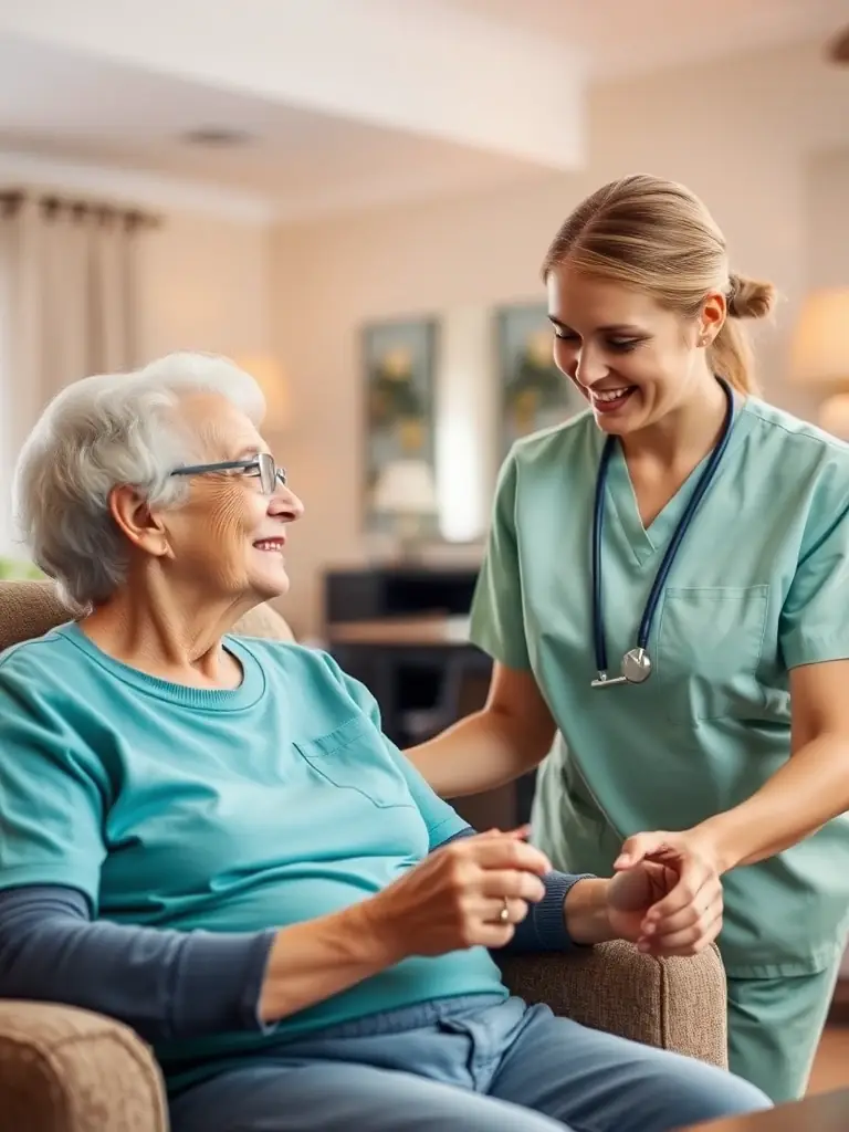 An image of a Memory Meadows employee smiling and looking satisfied while assisting a resident.