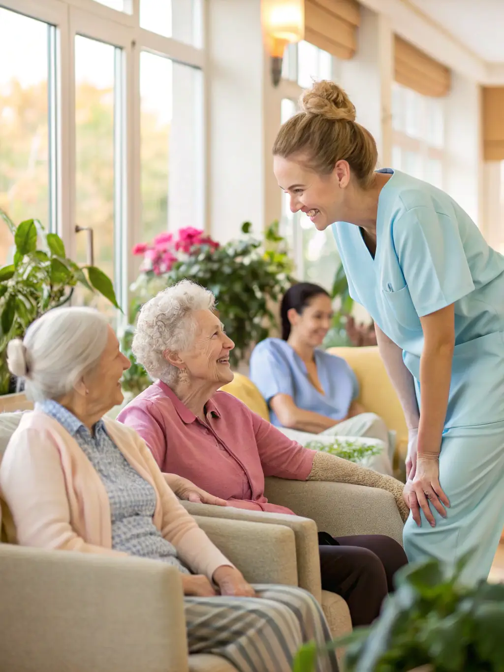 A warm and inviting image of Memory Meadows staff interacting with residents, showcasing a caring and supportive environment.