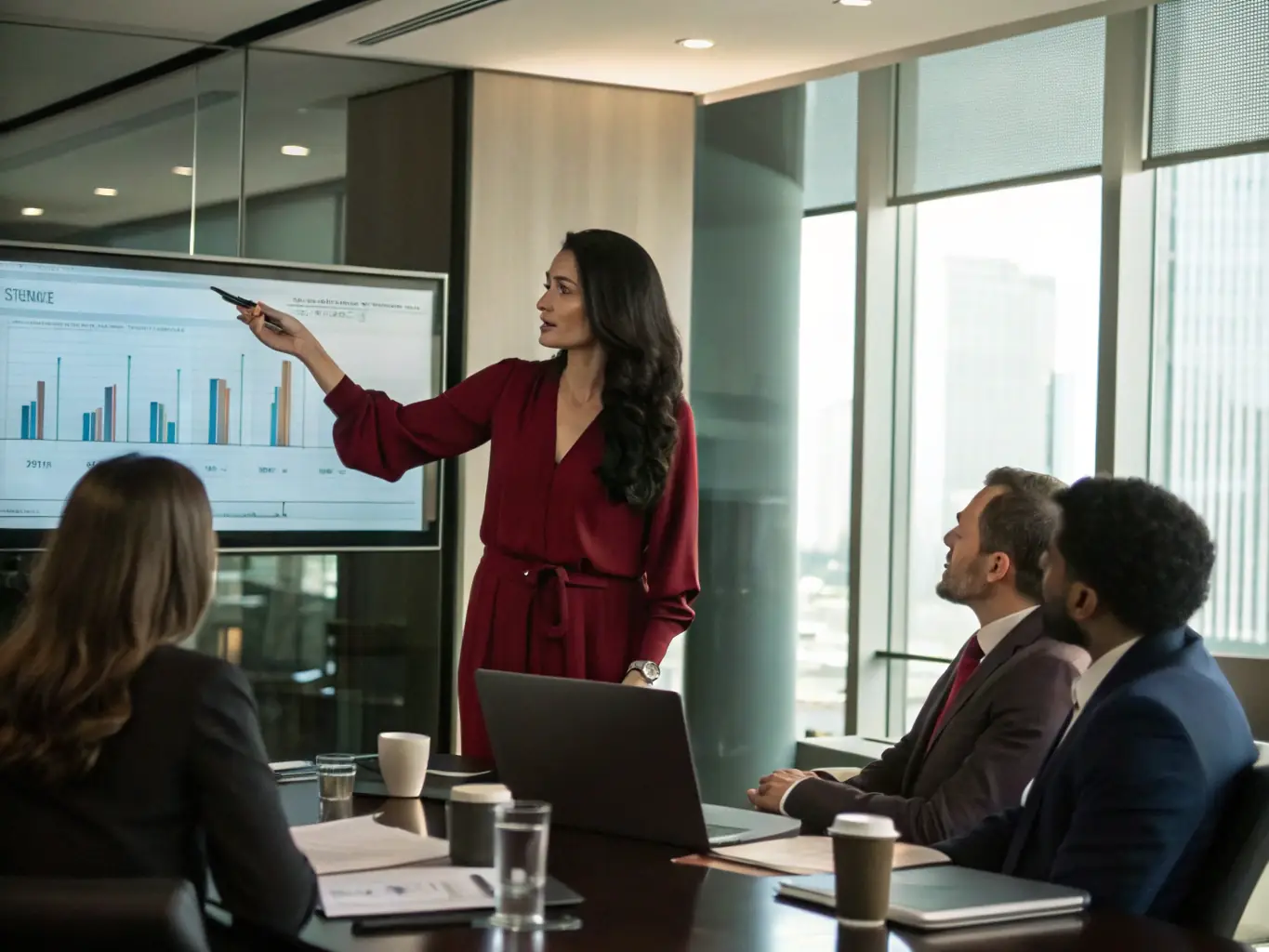 A professional image of a Memory Meadows employee attending a retirement planning seminar, with a financial advisor explaining investment options. The setting is a modern conference room.